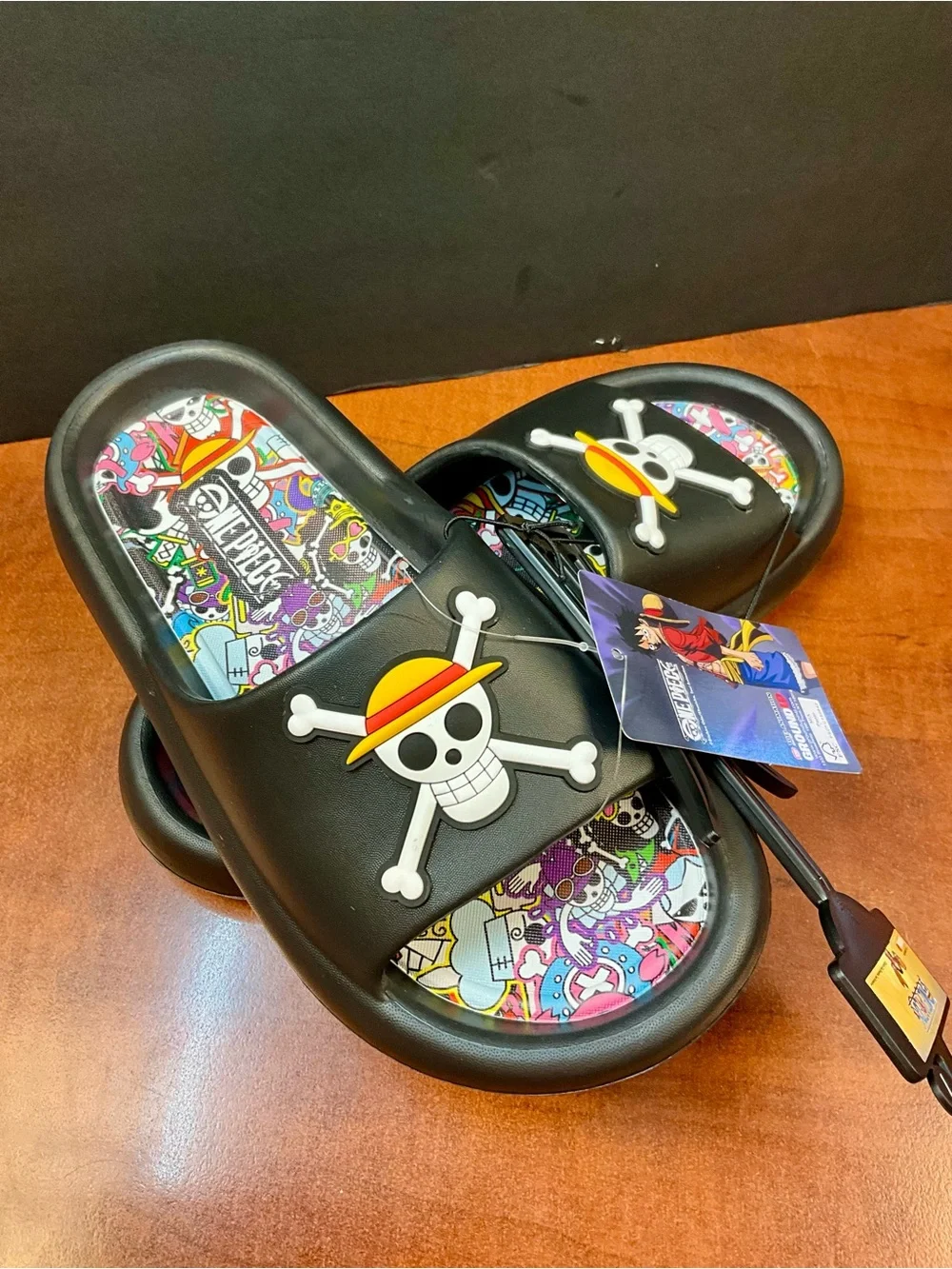 Onepiece Men’s Black Slides with Colorful Printed Footbeds